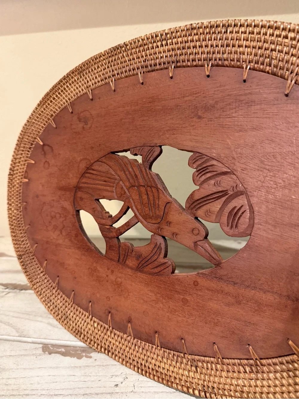 Vintage Hand Carved Wood & Woven Rattan Placemats Set of 4 Tropical Fish Bird